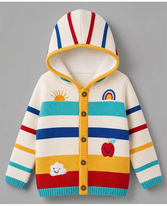 Babyhug Fur- Lined Knit Full Sleeves Front Open Hooded Striped Sweater with Rainbow & Cloud Design - White