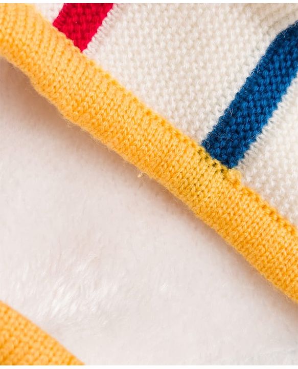 Babyhug Fur- Lined Knit Full Sleeves Front Open Hooded Striped Sweater with Rainbow & Cloud Design - White