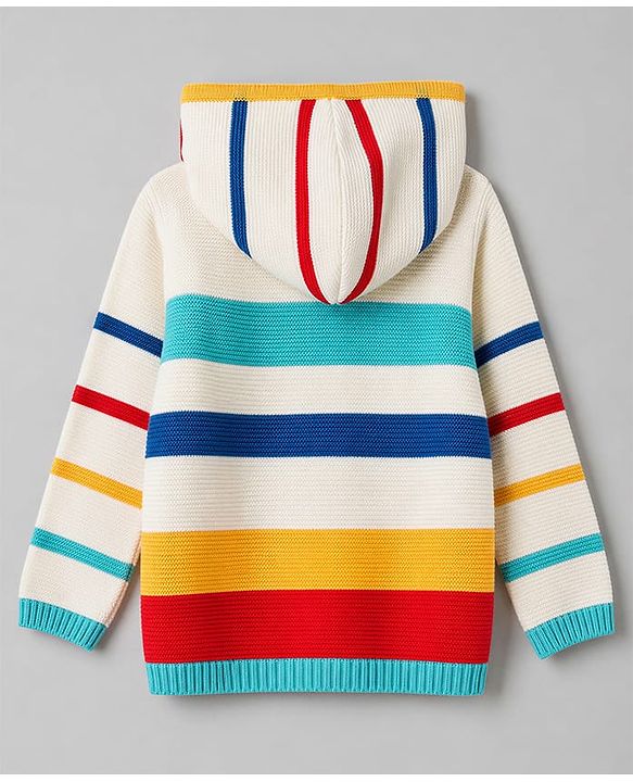 Babyhug Fur- Lined Knit Full Sleeves Front Open Hooded Striped Sweater with Rainbow & Cloud Design - White