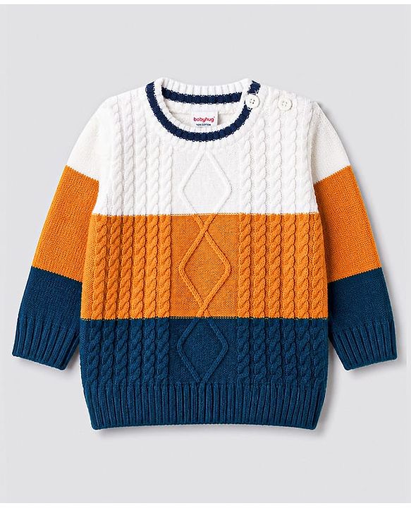 Babyhug Knit Full Sleeves Solid Colour Block Cable Knit Designed Pullover - White