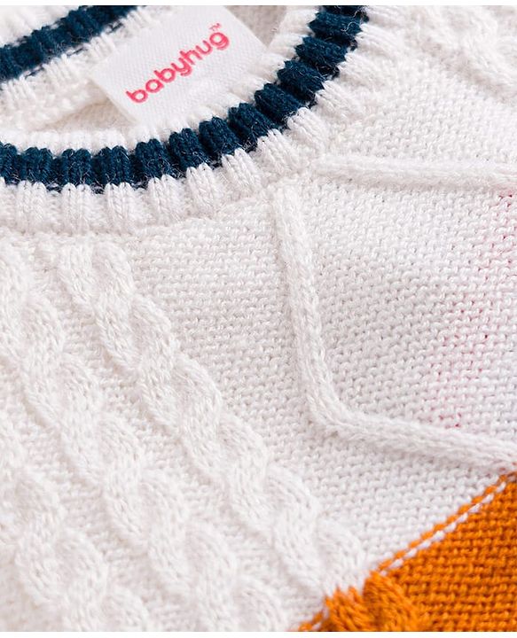 Babyhug Knit Full Sleeves Solid Colour Block Cable Knit Designed Pullover - White