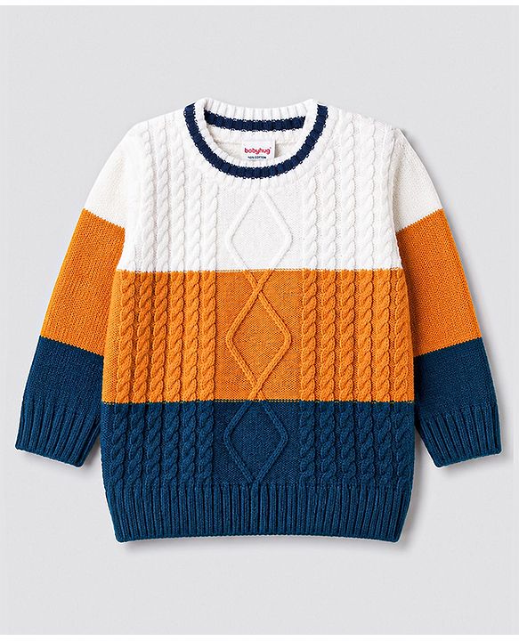 Babyhug Knit Full Sleeves Solid Colour Block Cable Knit Designed Pullover - White