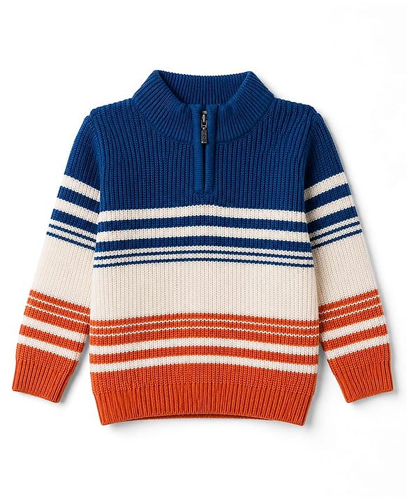 Babyhug Knit Full Sleeves Colour Block Striped Pullover-  Navy