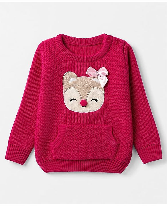 Babyhug Knit Full Sleeves Pullover with Deer Patch & Bow Aplique - Dark Pink