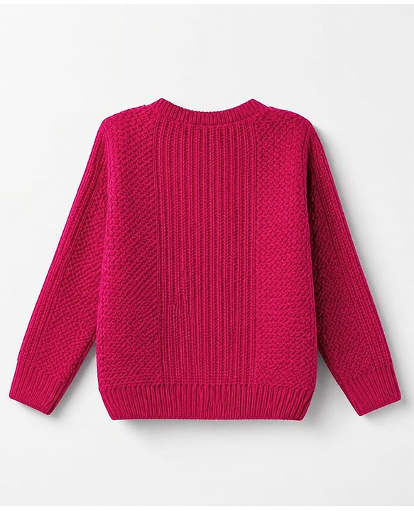 Babyhug Knit Full Sleeves Pullover with Deer Patch & Bow Aplique - Dark Pink