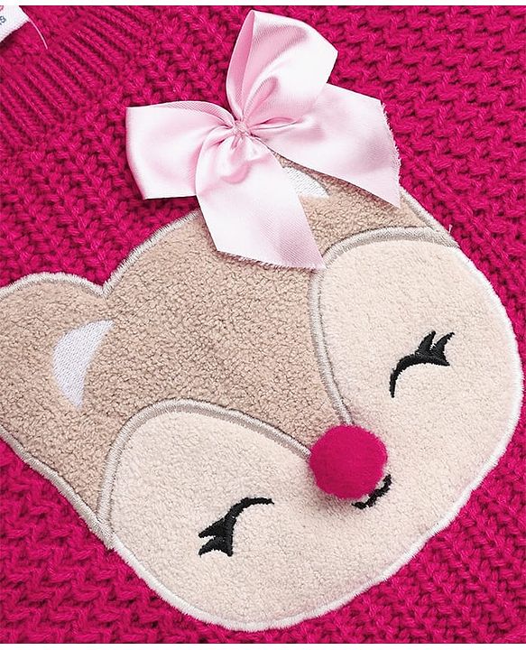 Babyhug Knit Full Sleeves Pullover with Deer Patch & Bow Aplique - Dark Pink
