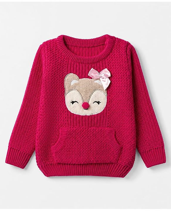 Babyhug Knit Full Sleeves Pullover with Deer Patch & Bow Aplique - Dark Pink