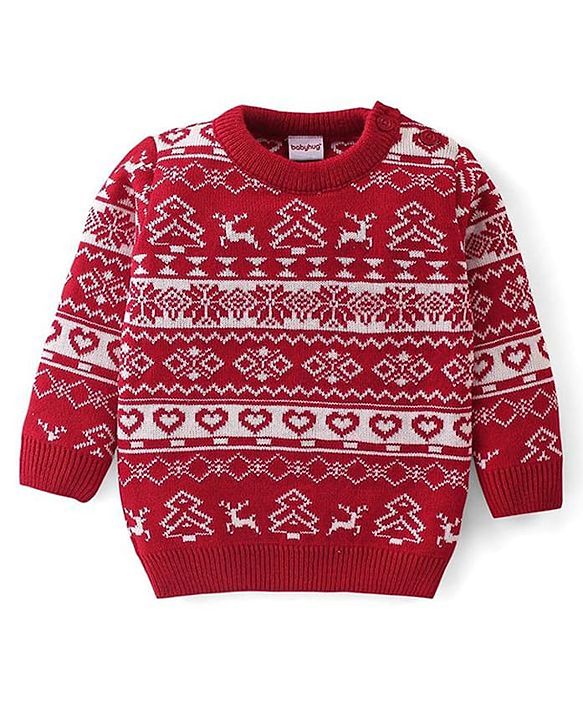 Babyhug Knit Full Sleeves Sweater Set With Christmas Theme Design - Red