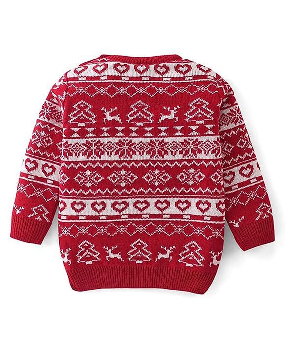 Babyhug Knit Full Sleeves Sweater Set With Christmas Theme Design - Red