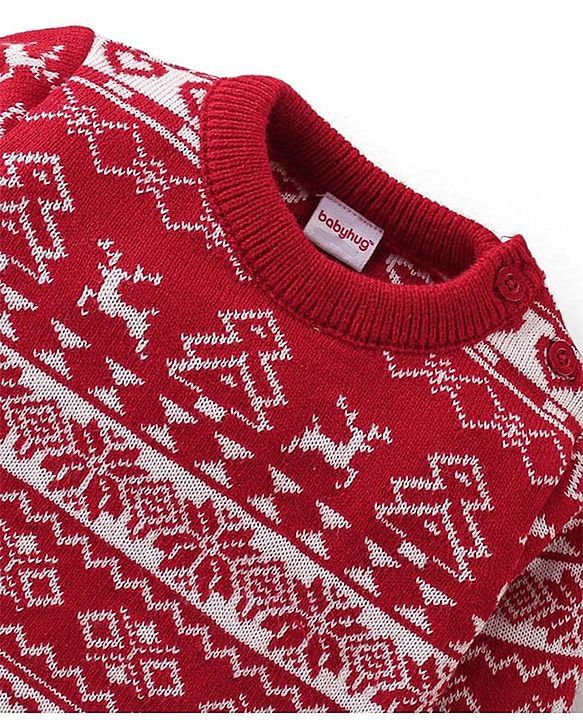 Babyhug Knit Full Sleeves Sweater Set With Christmas Theme Design - Red