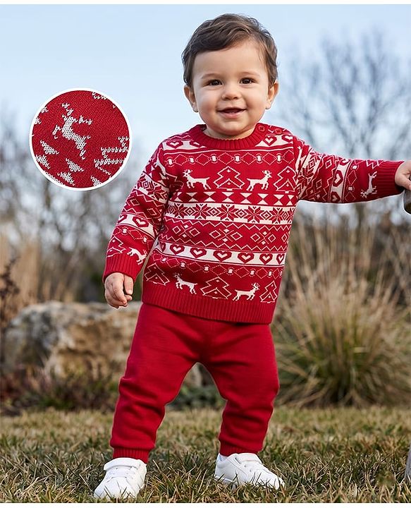 Babyhug Knit Full Sleeves Sweater Set With Christmas Theme Design - Red
