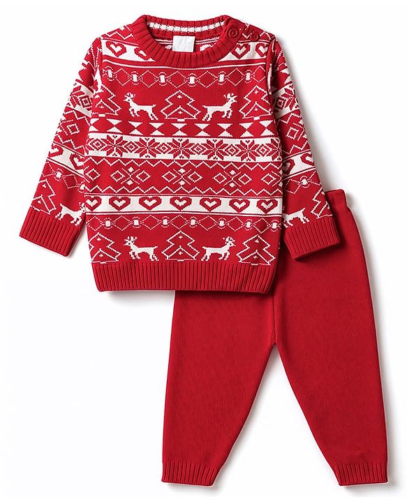 Babyhug Knit Full Sleeves Sweater Set With Christmas Theme Design - Red