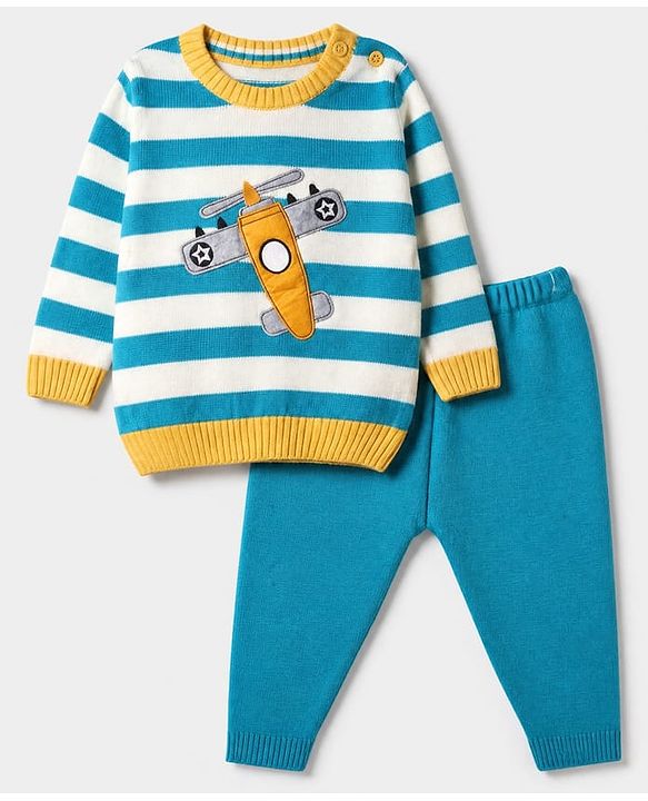 Babyhug Knit Full Sleeves Striped Sweater Set with Aircraft Design - Blue White