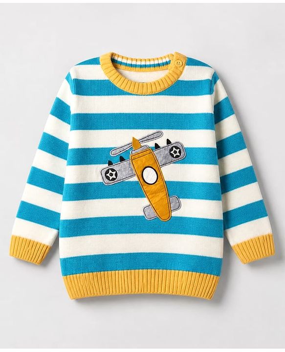 Babyhug Knit Full Sleeves Striped Sweater Set with Aircraft Design - Blue White