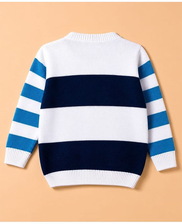 Babyhug Knit Full Sleeves Striped Sweater Set With Tiger Patch - Navy Blue