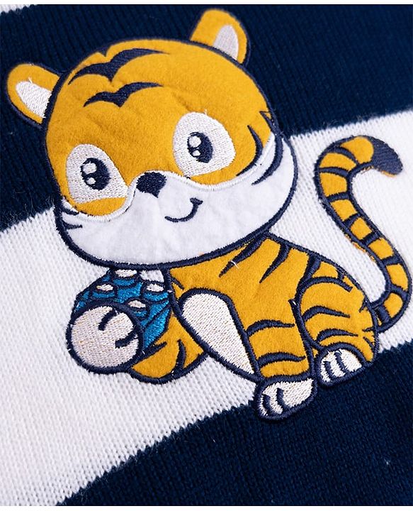 Babyhug Knit Full Sleeves Striped Sweater Set With Tiger Patch - Navy Blue