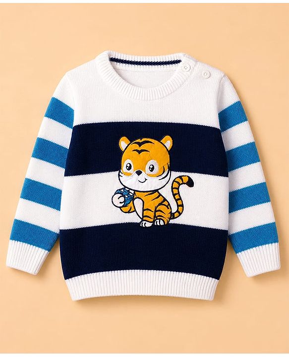 Babyhug Knit Full Sleeves Striped Sweater Set With Tiger Patch - Navy Blue