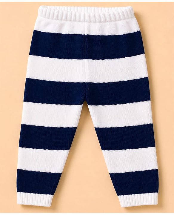 Babyhug Knit Full Sleeves Striped Sweater Set With Tiger Patch - Navy Blue