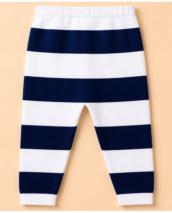 Babyhug Knit Full Sleeves Striped Sweater Set With Tiger Patch - Navy Blue
