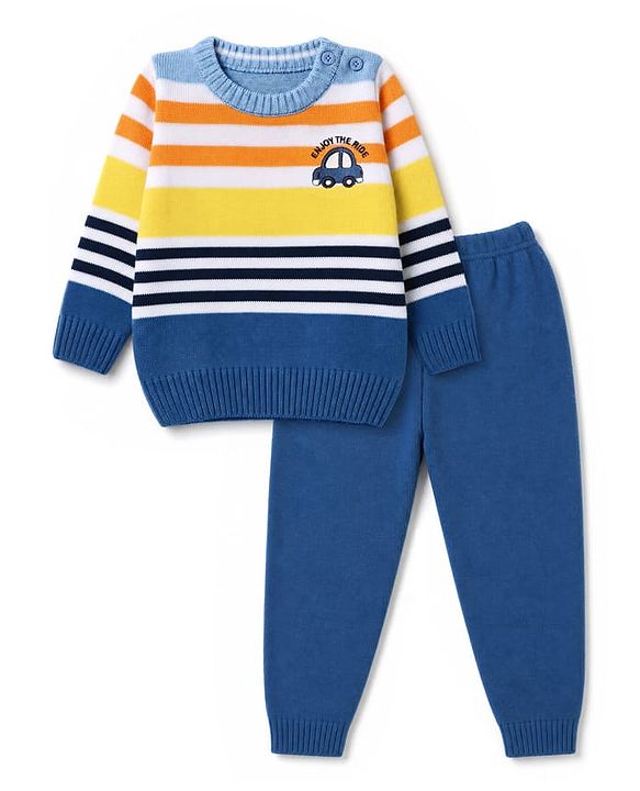 Babyhug Knit Full Sleeves Striped Sweater Set with Vehicle Embroidery - Navy Blue