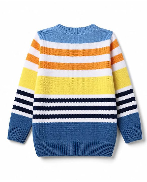 Babyhug Knit Full Sleeves Striped Sweater Set with Vehicle Embroidery - Navy Blue