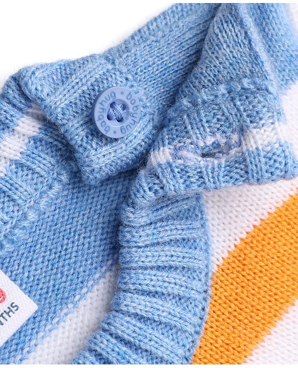 Babyhug Knit Full Sleeves Striped Sweater Set with Vehicle Embroidery - Navy Blue