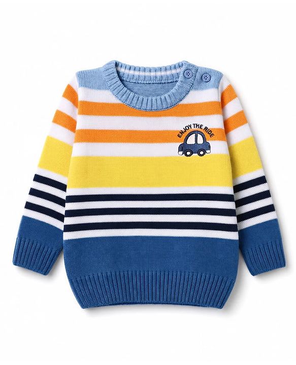 Babyhug Knit Full Sleeves Striped Sweater Set with Vehicle Embroidery - Navy Blue