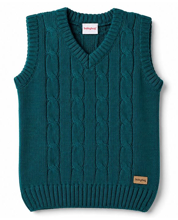 Babyhug Knit Sleeveless Solid Colour Pullover with Cable Knit Design - Dark Green