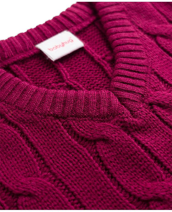 Babyhug Knit Sleeveless Solid Colour Pullover with Cable Knit Design-Maroon