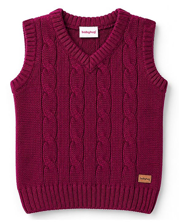 Babyhug Knit Sleeveless Solid Colour Pullover with Cable Knit Design-Maroon