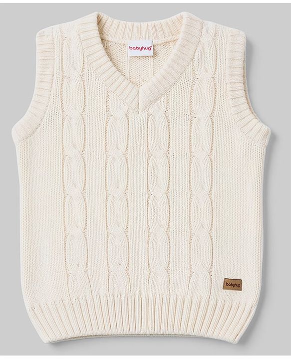 Babyhug Knit Sleeveless Pullover With Cable Knit Design - White
