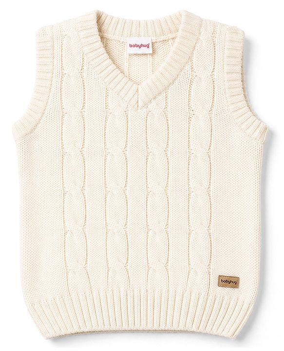 Babyhug Knit Sleeveless Pullover With Cable Knit Design - White