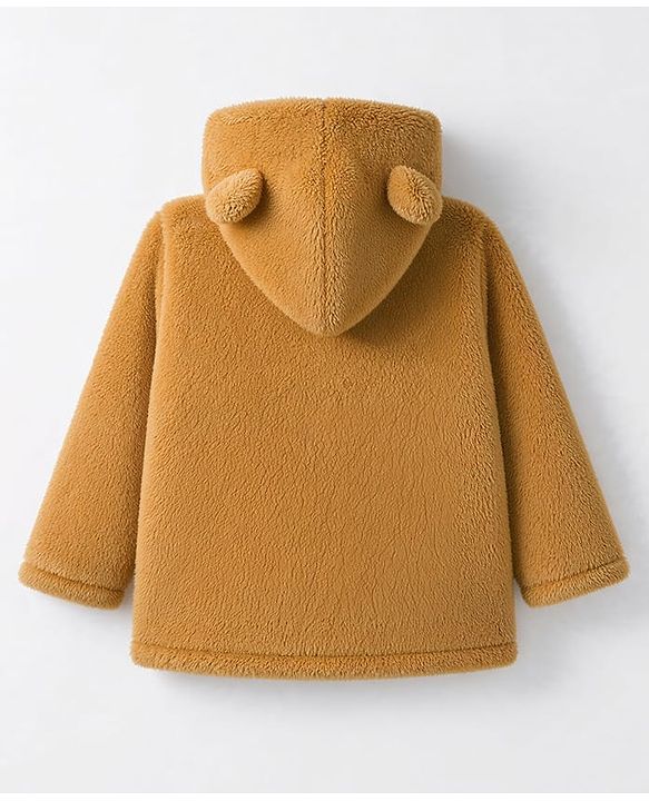 Babyhug Fur Knit Hoodie with Full Sleeves and Bear Print - Mustard