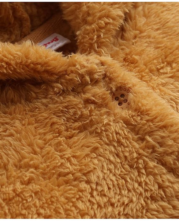 Babyhug Fur Knit Hoodie with Full Sleeves and Bear Print - Mustard
