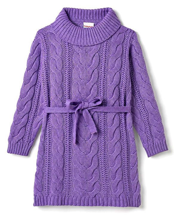 Babyhug Woollen Knit Full Sleeves Solid Colour Sweater Dress & Belt with Cable Knit Design - Lavender