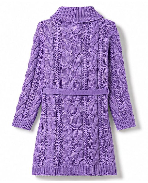 Babyhug Woollen Knit Full Sleeves Solid Colour Sweater Dress & Belt with Cable Knit Design - Lavender