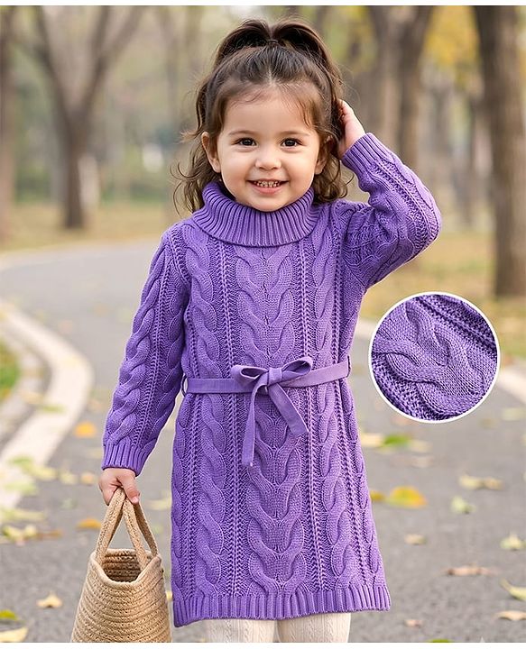 Babyhug Woollen Knit Full Sleeves Solid Colour Sweater Dress & Belt with Cable Knit Design - Lavender