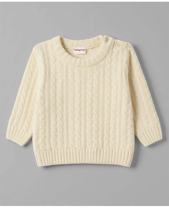 Babyhug Knit Full Sleeves Solid Colour Pullover with Cable Knit Design - White
