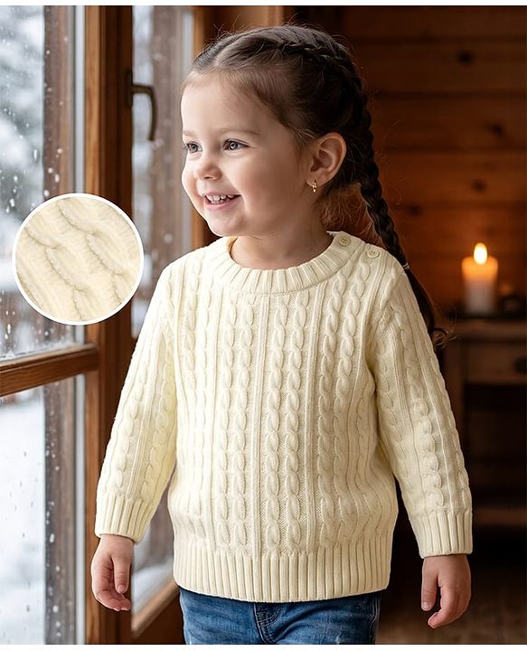 Babyhug Knit Full Sleeves Solid Colour Pullover with Cable Knit Design - White