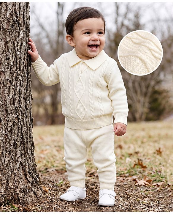 Babyhug Knit Full Sleeves Polo Collar Neck Solid Colour Cable Knit Designed Sweater Set - White