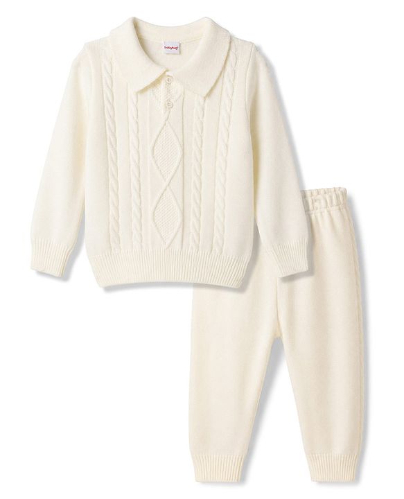 Babyhug Knit Full Sleeves Polo Collar Neck Solid Colour Cable Knit Designed Sweater Set - White