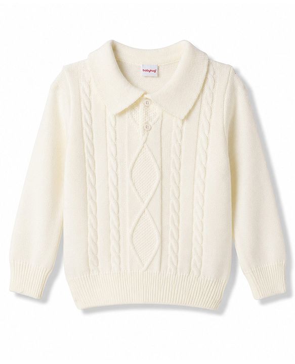 Babyhug Knit Full Sleeves Polo Collar Neck Solid Colour Cable Knit Designed Sweater Set - White