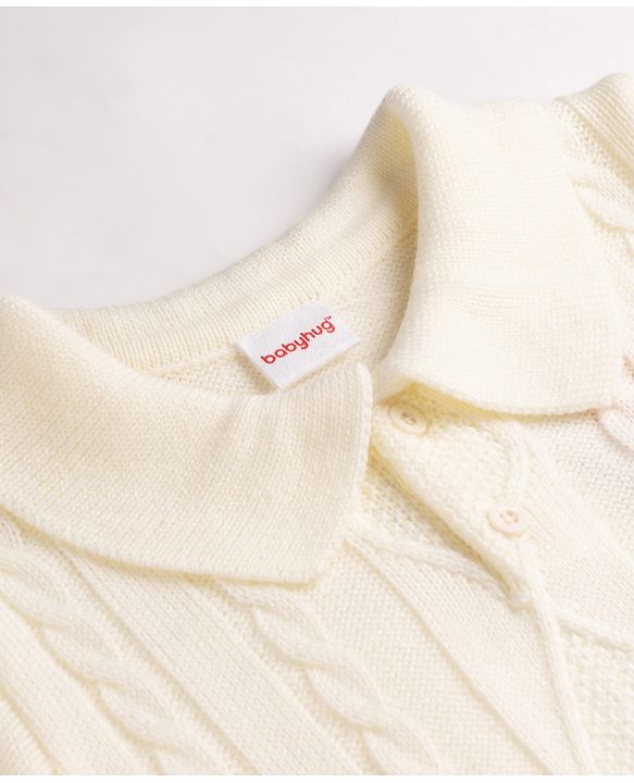 Babyhug Knit Full Sleeves Polo Collar Neck Solid Colour Cable Knit Designed Sweater Set - White