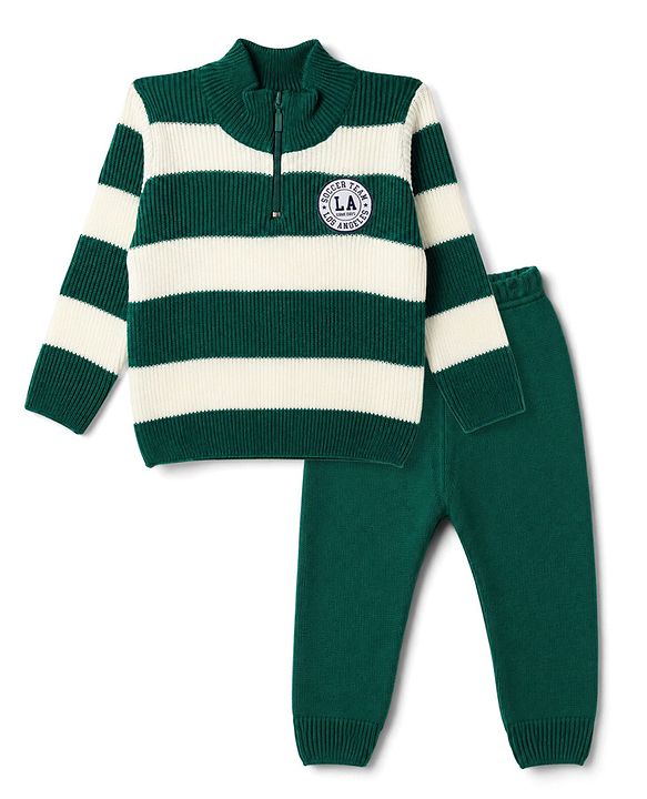 Babyhug Knit Full Sleeves Striped Sweater Set - Green