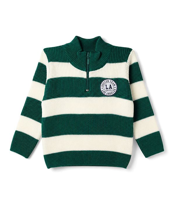 Babyhug Knit Full Sleeves Striped Sweater Set - Green