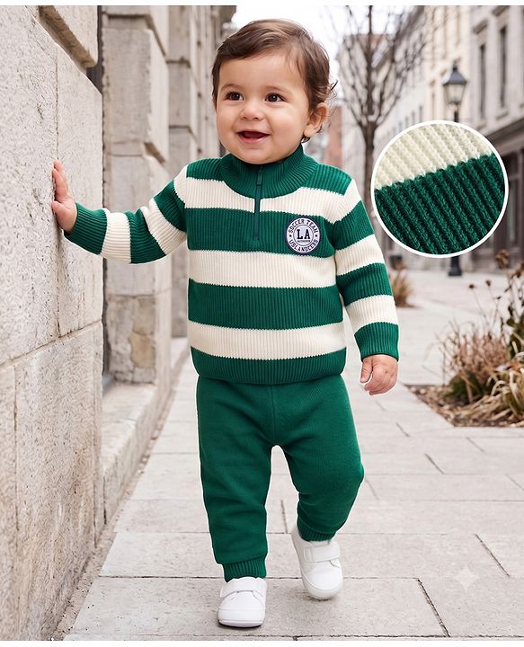 Babyhug Knit Full Sleeves Striped Sweater Set - Green