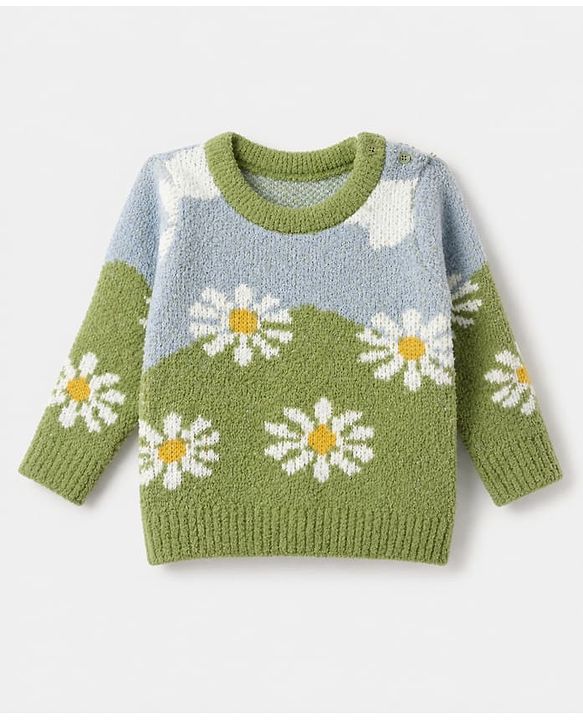 Babyhug Knit Pullover and Pant Full Sleeves Full Length with Daisy Design in Green for 3-6 Months