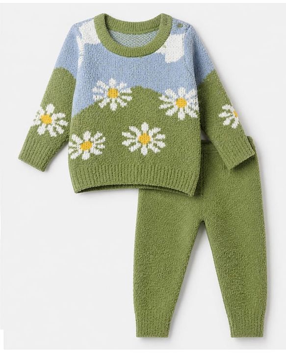 Babyhug Knit Pullover and Pant Full Sleeves Full Length with Daisy Design in Green for 3-6 Months