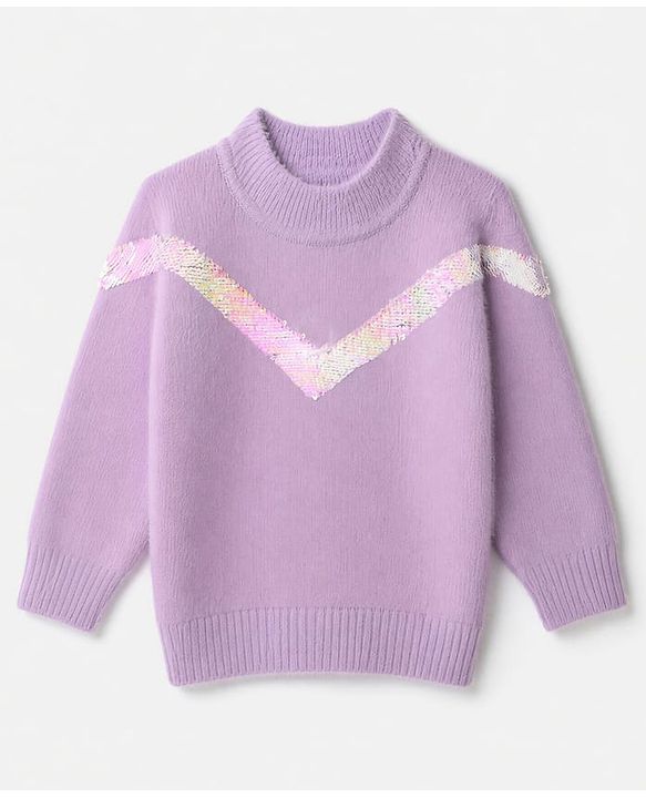 Babyhug Knit Extra Soft Hairy Eyelash Yarn Full Sleeves Pullover with Sequin Work - Lavender