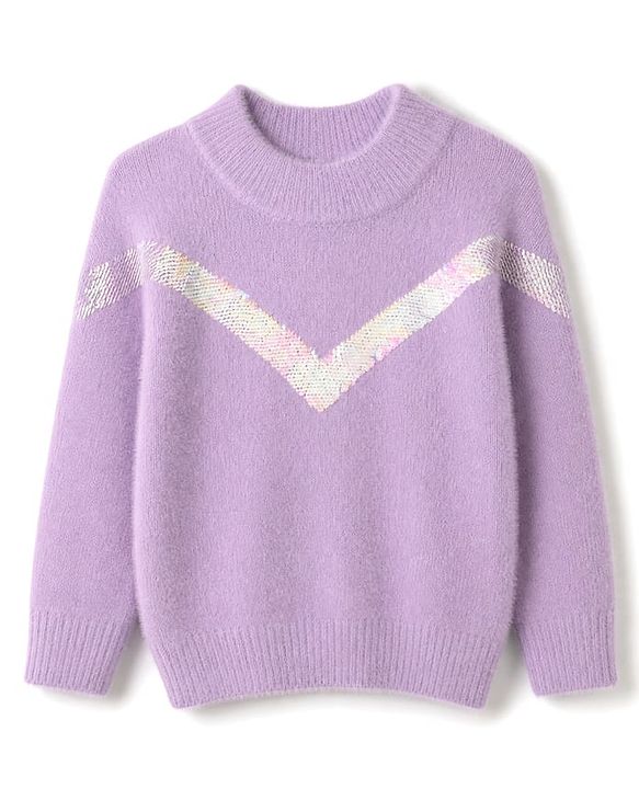 Babyhug Knit Extra Soft Hairy Eyelash Yarn Full Sleeves Pullover with Sequin Work - Lavender
